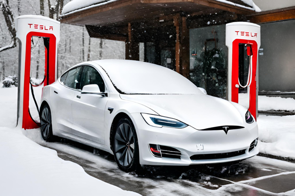 ev car of tesla getting charged at charging station in cold weather covered in snow