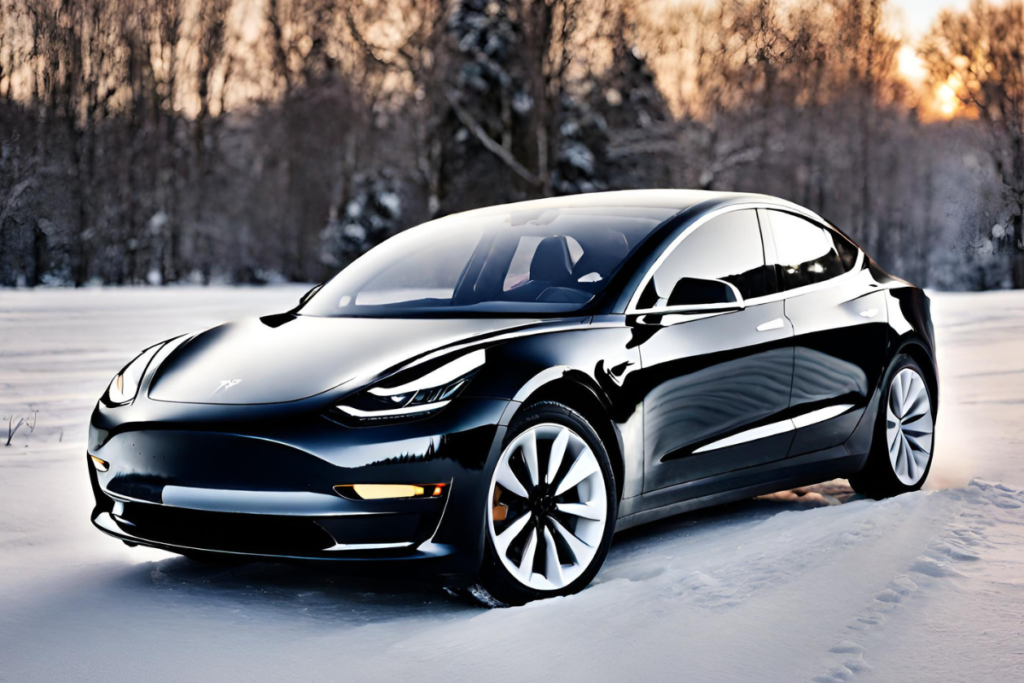 Tesla Model 3 in Snow | Black EV Car | Black Car in Snow | AI Car Image | EV Cars Cold Weather